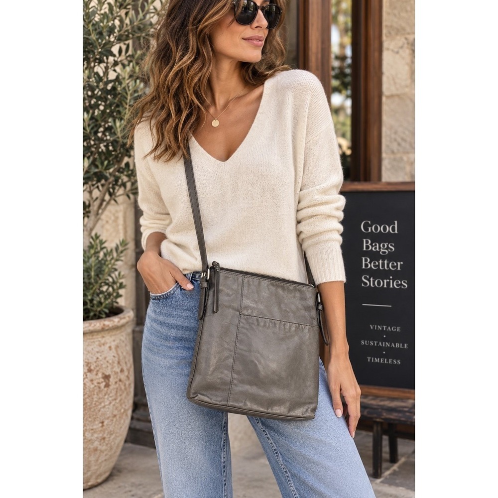 Hobo The Original Gray Leather Crossbody Bag Shoulder Purse Organizer